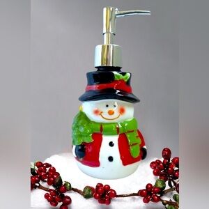 Snowman Ceramic Soap Lotion Pump Dispenser Glazed Hand Painted Christmas Festive